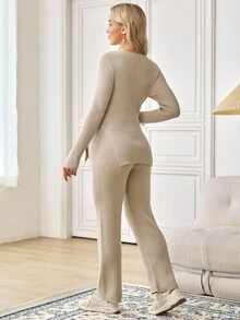 SHEIN Maternity Knitted Side Slit Long Sweater & Loose Casual Long Pants Set