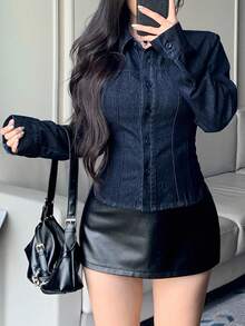 DAZY Chaqueta vaquera corta casual de mujer con costuras de contraste, estilo de moda callejera, otoño/invierno