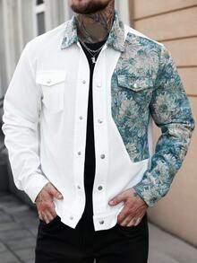 Manfinity CasualCool 男士花卉印花前扣口袋休闲长袖夹克，秋季 - 彩色 - 查看 4