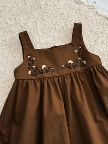 Loomiva 2pcs/Set Toddler Girl's Solid Crew Neck Long Sleeve Pullover Top & Floral Print Suspender Dress,Vintage Boho Style Autumn Family Matching Outfit - Khaki - View 7