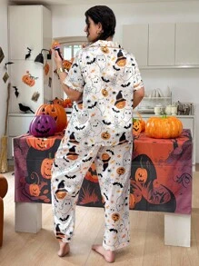 Plus Size Funny Halloween Element Printed Faux Silk Shirt & Pants Pajama Set, For Halloween Party - White - View 3