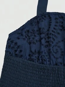 Sweetra Plus Size Women's Vacation Tie-Dye Embroidered Waist Drawstring Halter Casual Ruffle Hem Dress - Navy Blue - View 3