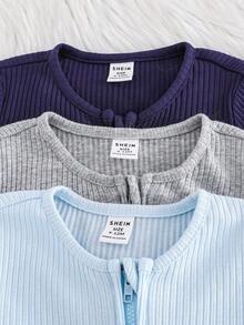 SHEIN Bộ 3 món cho bé trai/bé gái, áo liền quần dài tay cổ tròn khóa kéo phía trước, chất liệu dệt kim gân, mềm mại, thoải mái, thích hợp cho trẻ sơ sinh. Áo liền quần có khóa kéo cho bé, áo liền quần gân có khóa kéo cho bé, đồ ngủ có khóa kéo cho bé mùa thu đông. - Nhiều màu - Xem 4