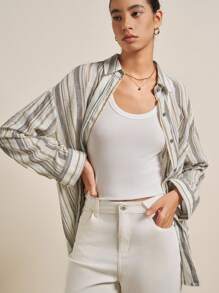 Airaco 女士休闲宽松条纹落肩长袖单排扣衬衫，秋季 - 彩色 - 查看 1