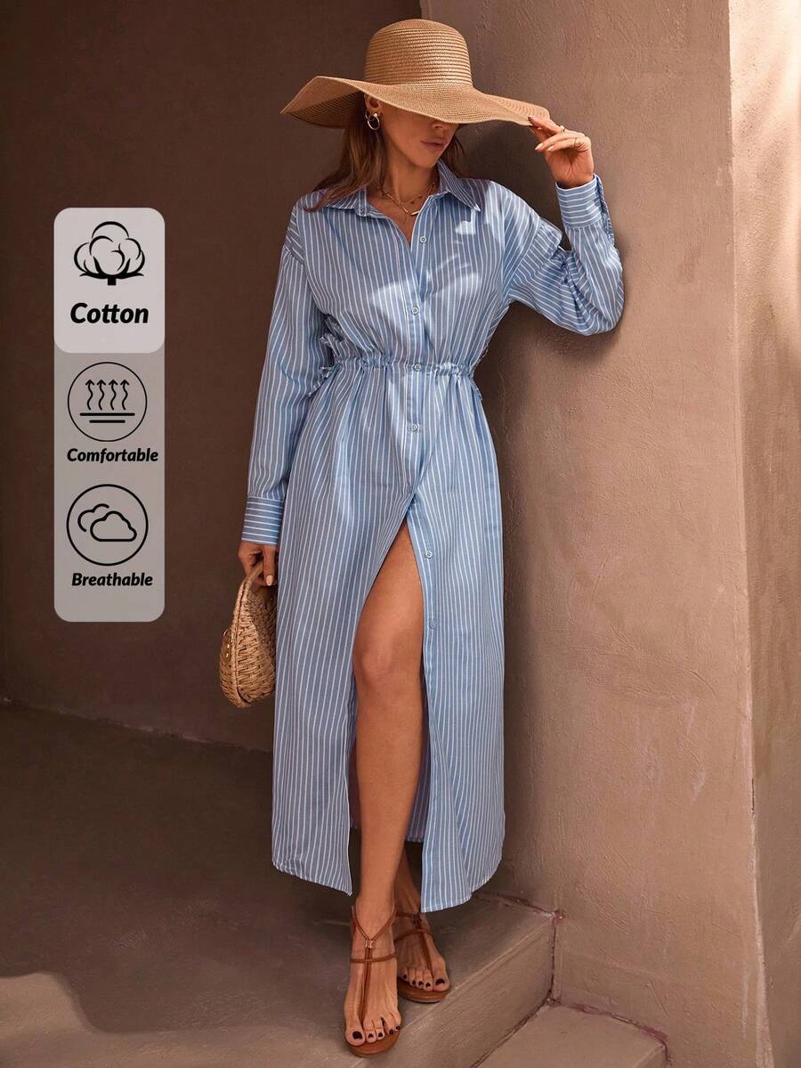 EURMUSE Casual Style Effortless, Linen Look Button Through And Drawstring Belt Detailed Maxi Shirt Dress - Blue - View 1