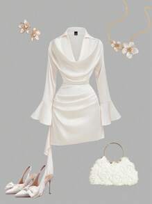 SHEIN MOD Women's Pleated Elegant Apricot Crepe Ruffle Collar Bell Sleeve Blouse,Fall/Winter,Western Wear Women,2000s Style,Western All White Party Outfits For Women,Vintage ,Winter All White Party Outfit For Women,Off The Shoulder ,Airport All White Party Outfit For Women,Halloween Costumes,Teacher All White Party Outfits For Women,Office All White Party Outfits For Women,Satin Dress,Elegant Dresses For Women - Apricot - View 1