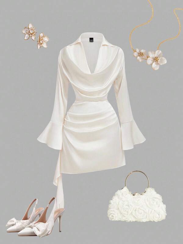 SHEIN MOD Blusa elegante de mujer con cuello de volantes, mangas de campana y pliegues en crepé color albaricoque, para otoño/invierno, estilo occidental, atuendos para fiestas totalmente blancas de mujeres, vintage, atuendos para fiestas totalmente blancas de invierno, hombros descubiertos, atuendos para fiestas totalmente blancas en el aeropuerto, disfraces de Halloween, atuendos para fiestas totalmente blancas de maestras, atuendos para fiestas totalmente blancas de oficina, vestido de satén