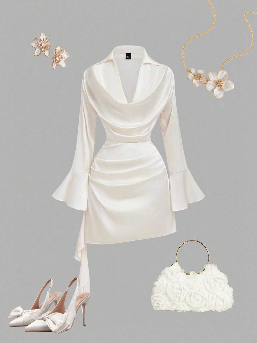 SHEIN MOD Women's Pleated Elegant Apricot Crepe Ruffle Collar Bell Sleeve Blouse,Fall/Winter,Western Wear Women,2000s Style,Western All White Party Outfits For Women,Vintage ,Winter All White Party Outfit For Women,Off The Shoulder ,Airport All White Party Outfit For Women,Halloween Costumes,Teacher All White Party Outfits For Women,Office All White Party Outfits For Women,Satin Dress,Elegant Dresses For Women - Apricot - View 1