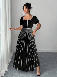 Elenzga Kooky Elegance Collection (Woe Is Me Vibes)(Wednesday Aesthetic) Plus Size Women's Summer New High-End Casual Basic French Retro Sexy Black And White Striped Knit Sleeveless V-Neck Design Fitted Elegant Versatile Blouse, Shirt, Dress