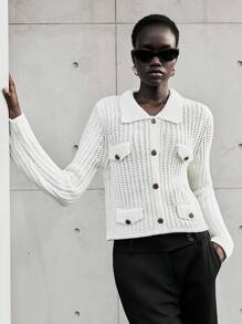 Lumivelle Chaqueta casual de manga larga con botones metálicos decorativos de unicolor - Blanco - Ver 5