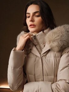 Anewsta 女士优雅束腰中长款蓬松可拆卸人造毛领绗缝拉链夹棉大衣，杏色 - 杏色 - 查看 2