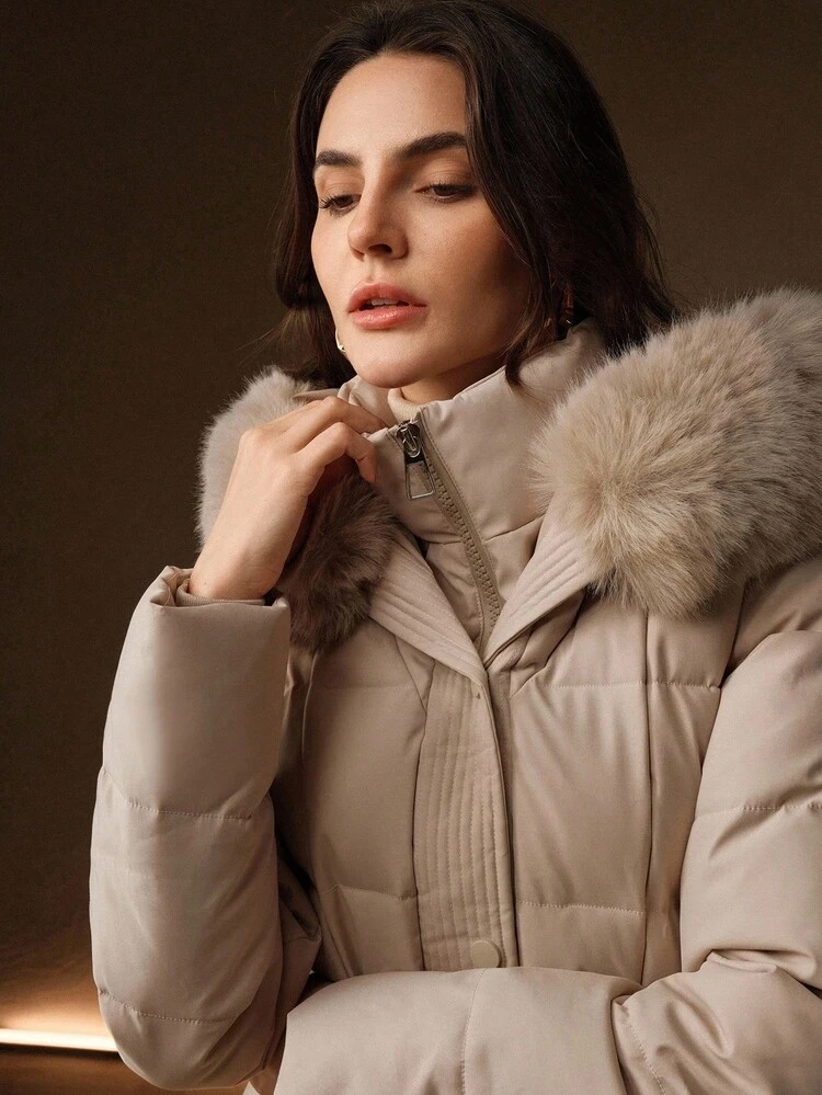 Women's Elegant Cinched Waist Waist Mid-Length Puffy Detachable Faux Fur Collar Quilted Zip-Up Padded Coat, Apricot