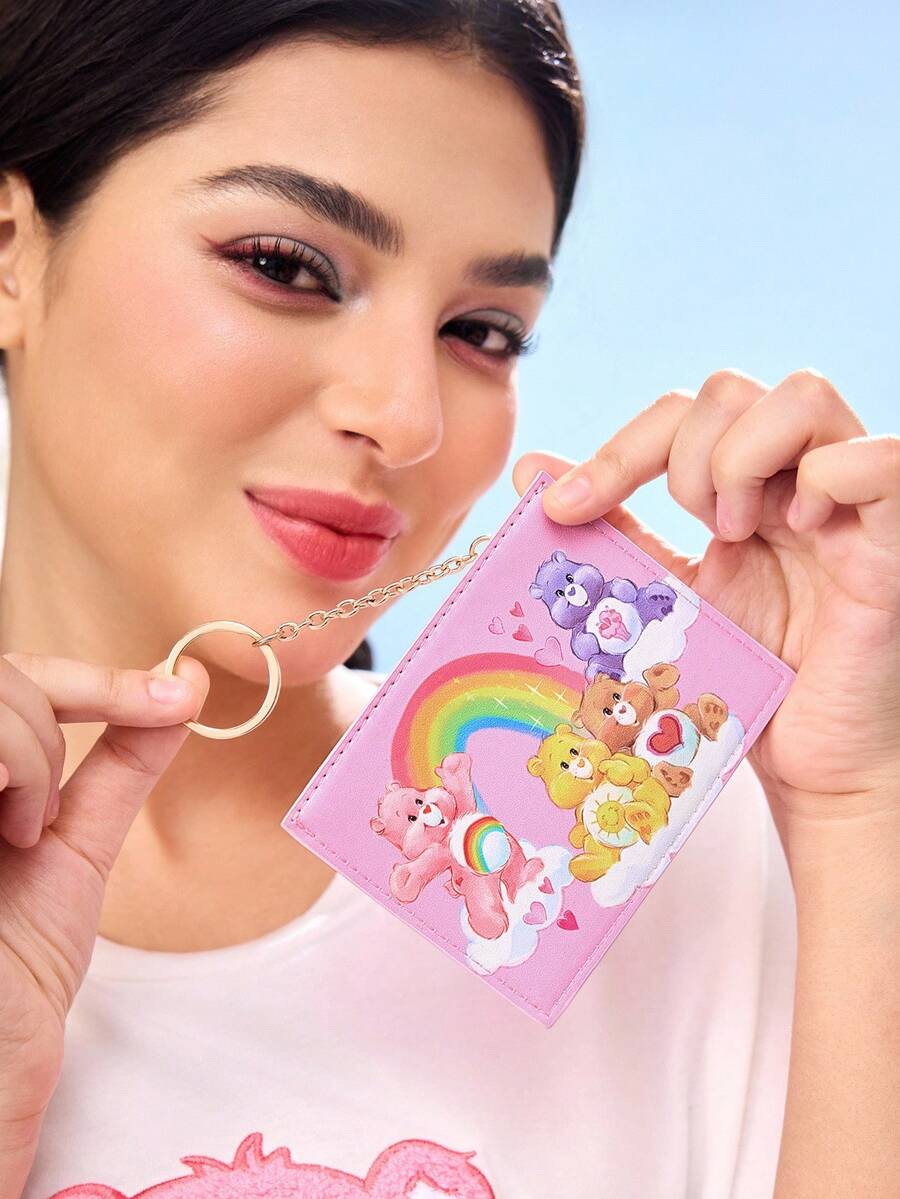 SHEIN X Care Bears 1 chú gấu hoạt hình bằng da PU, gấu Funshine, gấu Share, ví đựng thẻ in hình gấu Tenderheart, có thể đựng tiền xu và tiền mặt, có 2 khe cắm thẻ và 1 móc chìa khóa, phù hợp cho phụ nữ và học sinh - Hồng - Xem 1