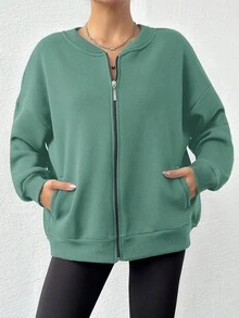 EURMUSE Solid Color Drop Shoulder Zip Up Long Sleeve Sweatshirt - Mint Green - View 5