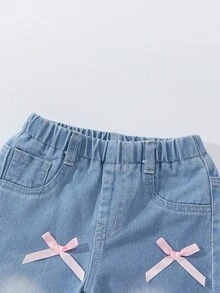 SHEIN Baby Girls' Wide Leg Jeans,Cute Pink 3D Bow Denim Pants For Summer,Graphic Loose Casual College Style,Fall Winter Jeans - Light Wash - View 6