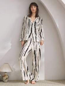 Ocili 舒适简约条纹女士睡衣套装，秋冬服装 - 黑與白 - 查看 5