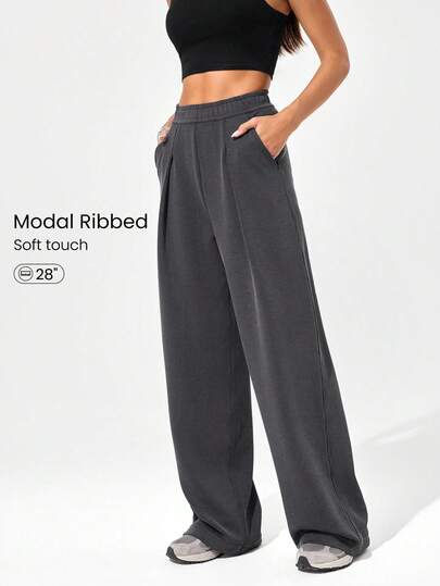 GLOWMODE Modal Ribbed Wide-Leg Built-In Adjustable Drawstring Waist Active Pants With Side Pockets Daily Casual Wear Fall Winter