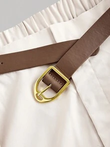 SHEIN MOD 大码女式 70 年代复古桃色褶皱百慕大短裤，附赠棕色皮带 - 波西米亚、西部、垃圾朋克风格，非常适合度假、节日和休闲穿着 - 杏色 - 查看 3