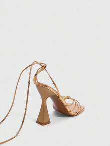 CUCCOO SZL Rose Gold Metallic Strap Tie-Up Metallic Chic Sexy High Heel Square Toe Sandals - Rose Gold - View 4