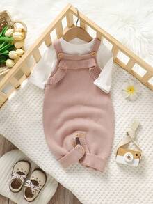 SHEIN 时尚粉色婴儿毛衣连体衣，带荷叶边装饰吊带裤，女童甜美背带裤 - 粉色 - 查看 2