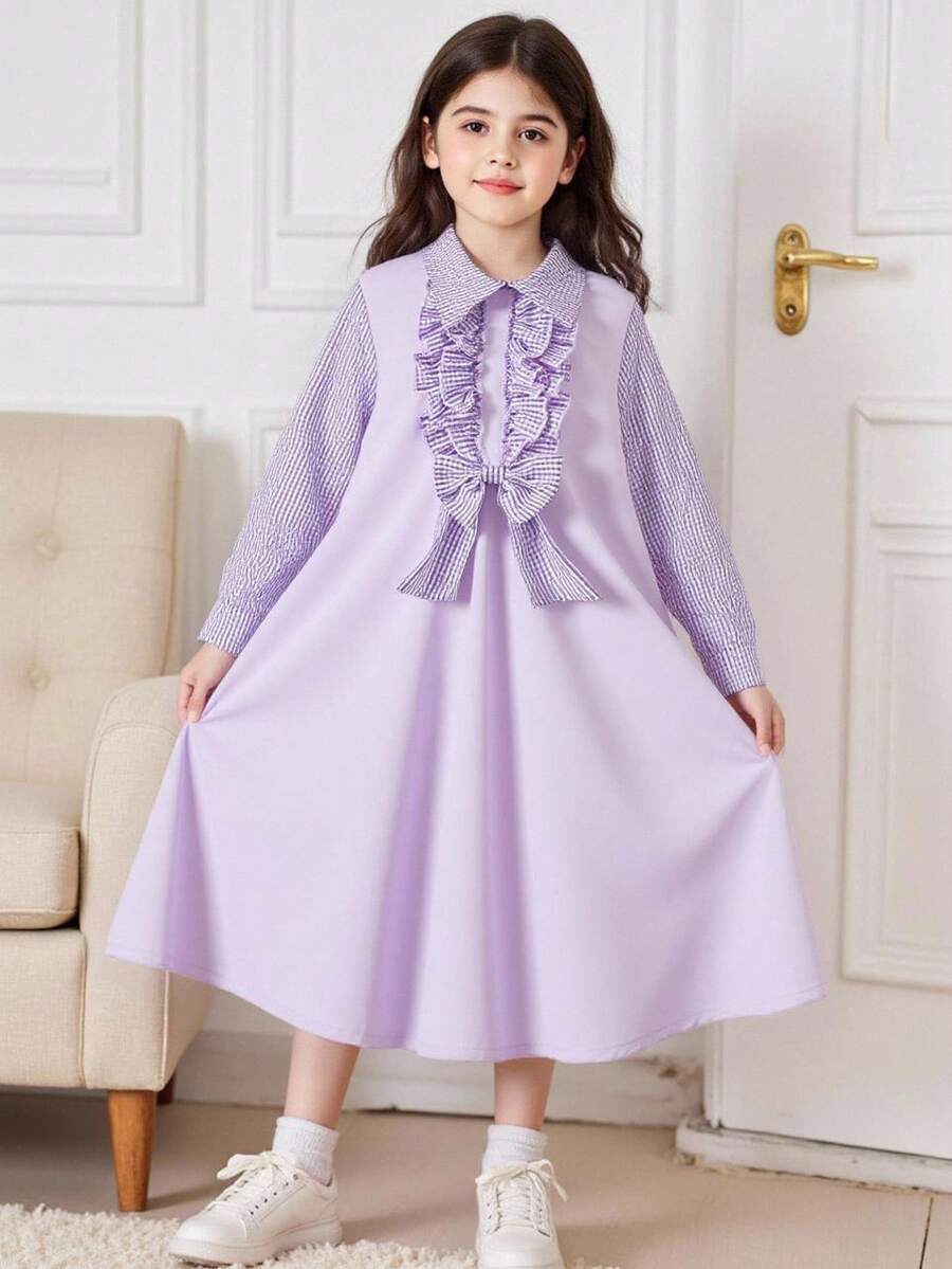 1pc Young Girl's Sweet Plaid Patchwork Long Sleeve Shirt Dress, With Hidden Zipper Design At Back, Comfortable & Cute Dress Suitable For Family Gathering, Outing, School And Other Occasions Bow Decoration, Back To School - Multicolor - View 1
