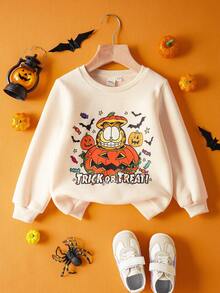 GARFIELD | SHEIN Young Girls' Khaki Sweatshirt With Cartoon Cat And Pumpkin Candy Patterns, Suitable For Autumn, Winter And Halloween - Khaki - View 1