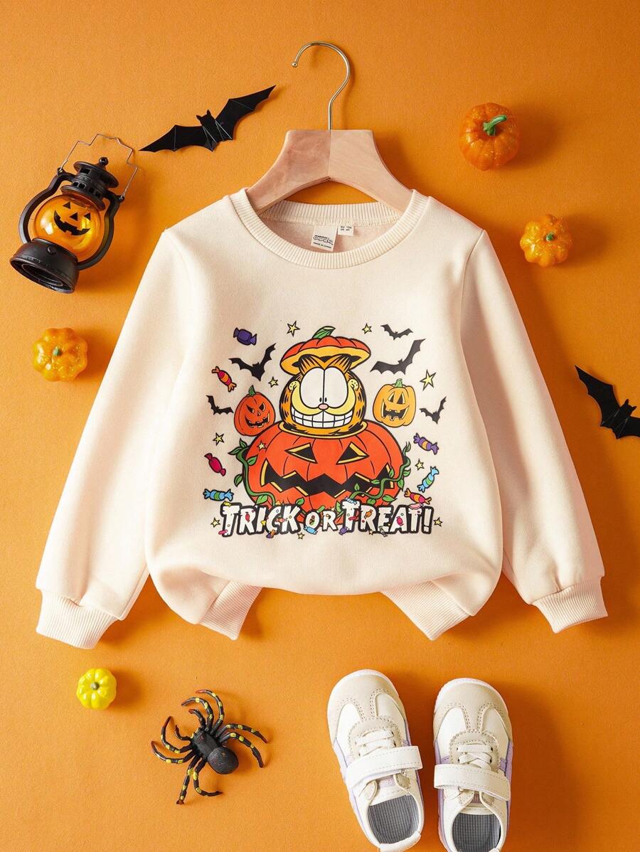 GARFIELD | SHEIN Young Girls' Khaki Sweatshirt With Cartoon Cat And Pumpkin Candy Patterns, Suitable For Autumn, Winter And Halloween - Khaki - View 1