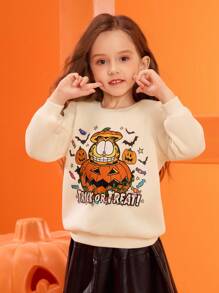 GARFIELD | SHEIN Young Girls' Khaki Sweatshirt With Cartoon Cat And Pumpkin Candy Patterns, Suitable For Autumn, Winter And Halloween - Khaki - View 10