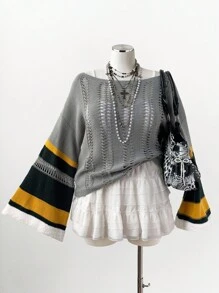 Sunspun Áo len chui đầu kẻ sọc màu tương phản cỡ lớn cho nữ, thiết kế mới cho mùa thu/đông - Xám - Xem 7