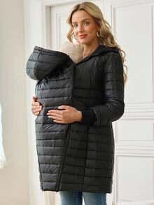 SHEIN Maternity Solid Color Long Sleeve Zip-Up 3-In-1 Hooded Jacket, Autumn/Winter - Black - View 4