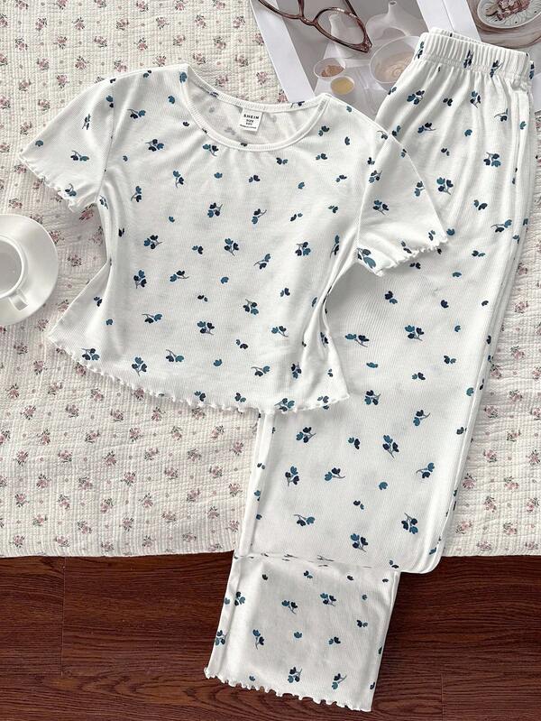 2-częściowy komplet piżamowy dla dziewcząt w wieku 1/2 lat, bluzka z krótkim rękawem i okrągłym dekoltem w drobne kwiatki oraz miękkie, wygodne spodnie ze ściągaczem i falbanką u dołu