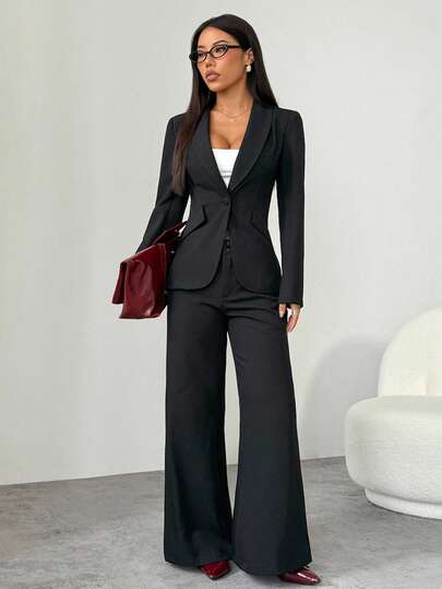 SHEIN PETITE Suitable For Commuting In Autumn And Winter. Black Single-Button Black Suit Jacket + Suit Pants Suit Suit Office Commuting Suit Women Business Attire Women Suits Women Suit Two Pieces Outfits For Women Blazer Set For Women,Fall