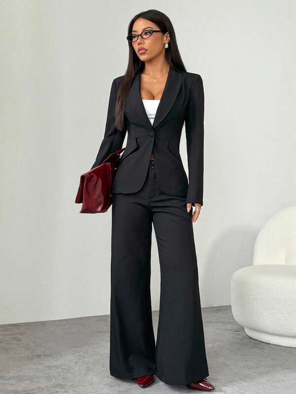 SHEIN PETITE Suitable For Commuting In Autumn And Winter. Black Single-Button Black Suit Jacket + Suit Pants Suit Suit Office Commuting Suit Women Business Attire Women Suits Women Suit Two Pieces Outfits For Women Blazer Set For Women,Fall