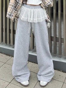 FRIFUL Women's Gray Solid Color Waist Drawstring Patchwork Polka Dot Mesh Flared Loose Casual Straight Pants, Suitable For Airport Travel, Autumn - Grey - View 4