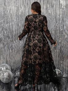 Gownix 大码优雅纯色蕾丝连衣裙 - 黑色 - 查看 3