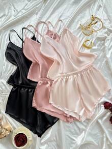 3件套 SilkySpell 彩色露背交叉肩带仿丝睡衣套装 - 彩色 - 查看 7