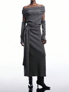 LYSMO 女士优雅纯色不对称领口连衣裙 - 摩卡棕 - 查看 5