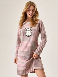 EURMUSE Damen Große Größen Baumwolle Rippstrick Kontrast Bindung mit süßer Tier Stickerei Detail Langarm Schlaf Pyjama Kleid