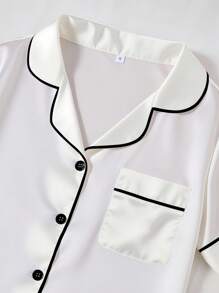 3 件套女士撞色纯色仿丝领睡衣套装女士睡衣套装缎面睡衣套装白色睡衣套装白色缎面睡衣套装丝绸睡衣套装 - 白色 - 查看 4