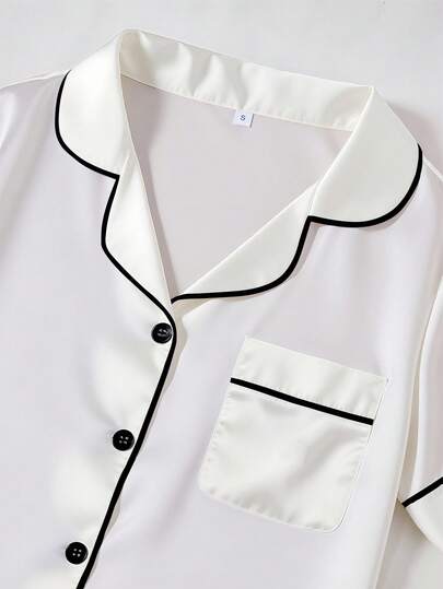 Women Contrast Faux Zijden Collar Pajama Set Satijnen Sleepwear Wit Pj Pjs view 4
