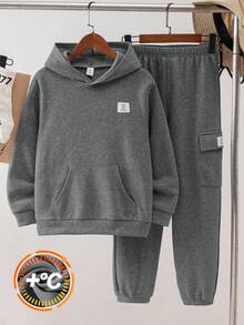 SHEIN 2 件套青少年男孩服装套装：连帽运动衫和慢跑裤，经济实用，适合上学、通勤、休闲、运动 - 深灰色 - 查看 1