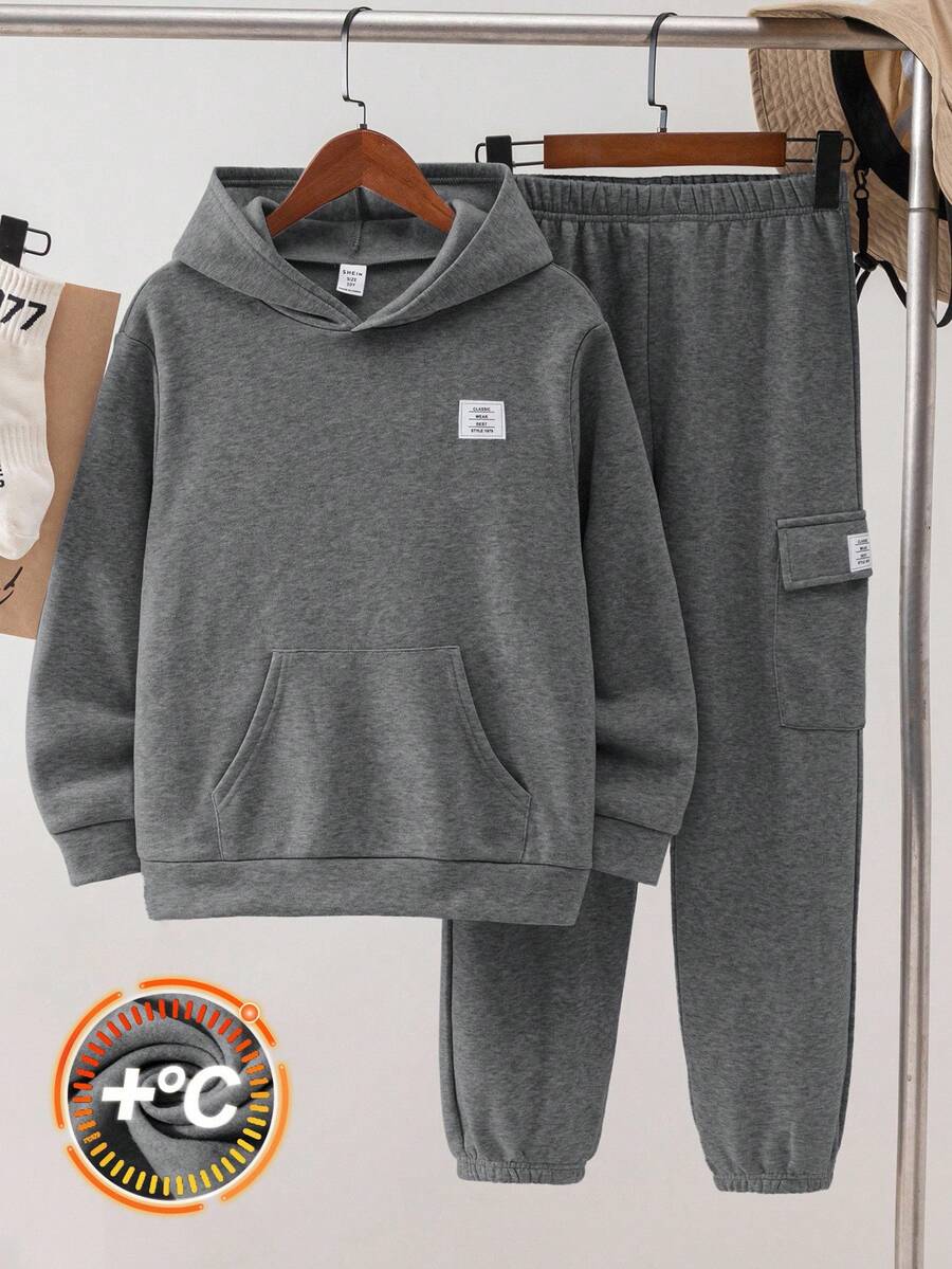 SHEIN 2 件套青少年男孩服装套装：连帽运动衫和慢跑裤，经济实用，适合上学、通勤、休闲、运动 - 深灰色 - 查看 1