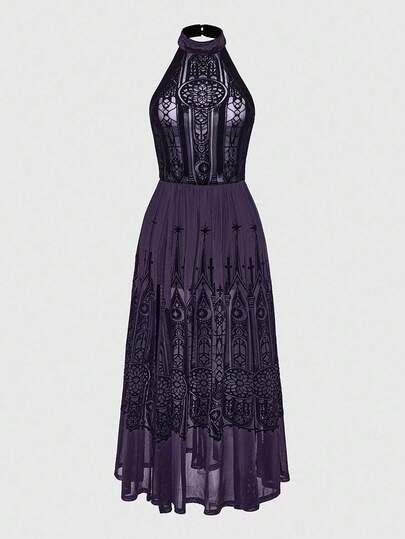 Women's Halter Vintage Gothic Castle Flocked Pattern Dress