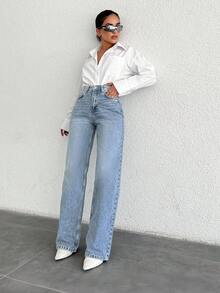 SHEIN PETITE Petite High Waist Casual Straight Jean Women Jeans High Waisted Petite Jeans For Women High Waisted Jeans Jeans Woman Women Jeans Plus Size Women S Clothes Women S Bottoms Women Summer Clothing Woman S Summer Clothes - Medium Wash - View 6