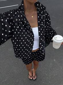 Muchica 2025 秋季女款黑白波点印花长袖拉链夹克和短裤休闲宽松两件套，Y2K 返校 2000 年代街头服饰、垃圾摇滚和朋克时尚 - 黑與白 - 查看 1