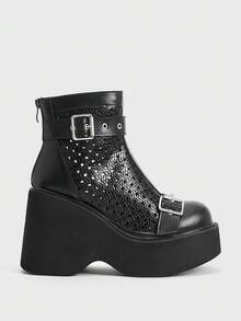 Sugerpunk 女士舒适透气踝靴，适合休闲派对，哥特式金属扣双带后拉链设计，黑色朋克风厚底粗跟踝靴，夏季必备 - 黑色 - 查看 2