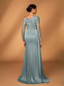 Serin Elegantes, luxuriöses, besticktes Spitzen-Pailletten-Patchwork-Kleid aus elastischem Satin-Chiffon mit Langarm und Schlitz an der Seite, geeignet für Hochzeit, Party, Urlaub, Abschlussball, Abendrobe, Brautmutter