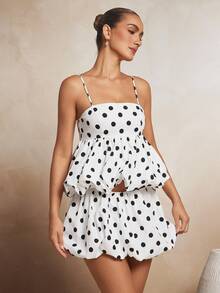 L'Amorae Women Polka Dot Bubble Hem Spaghetti Top, Casual Wedding Date Night Brunch