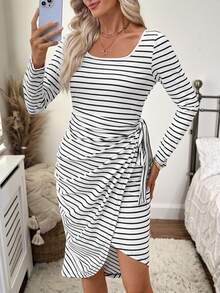 EMERY ROSE 女式条纹方领长袖侧系腰休闲中长连衣裙 - 黑與白 - 查看 5
