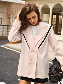 Hanevo Fashion Casual Double-Breasted Contrast Striped Lapel Overcoat - Apricot - View 1